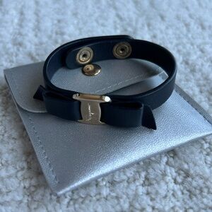 Salvatore Ferragamo Black Leather Bow Adjustable Snap Bracelet